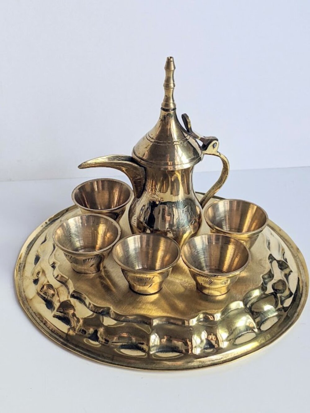 One Set of Miniature Etched Brass Dallah with Cups and Tray